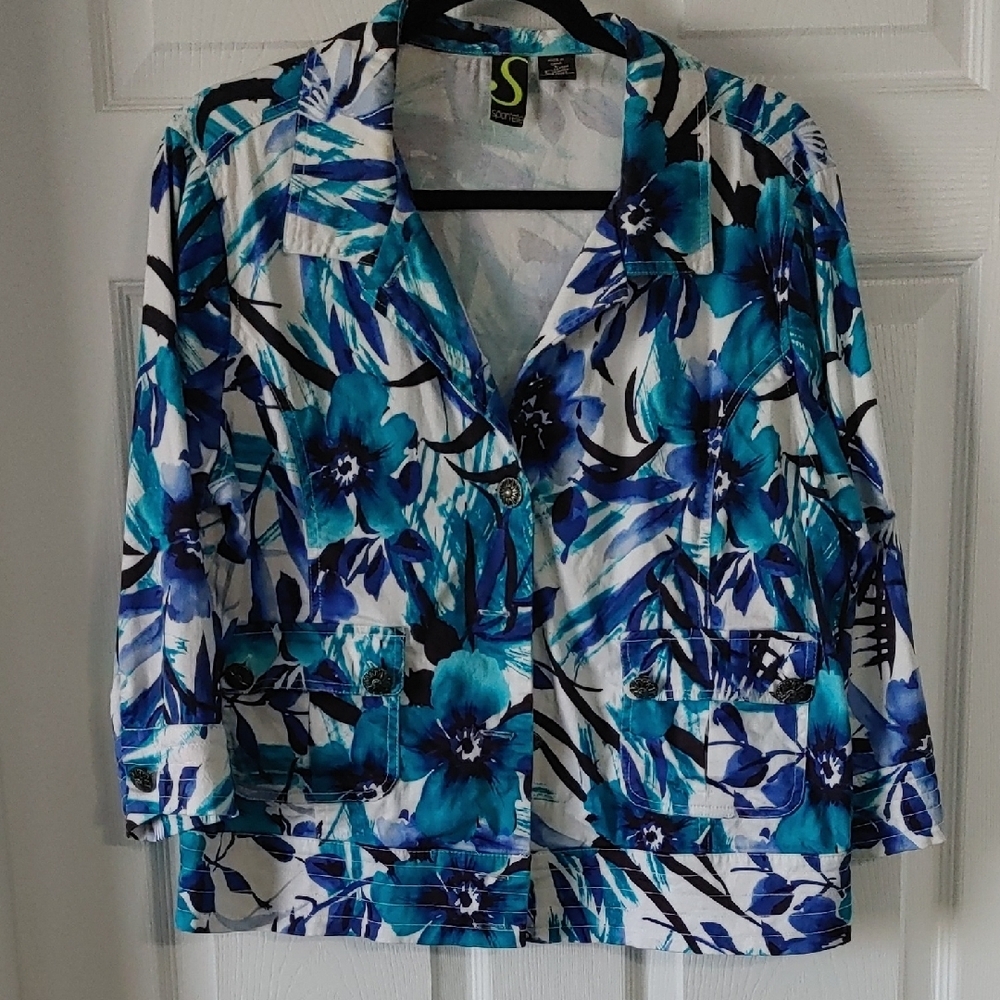 Blue Turquoise Floral Jacket/Blazer Womens size Large Would Fit XL EUC